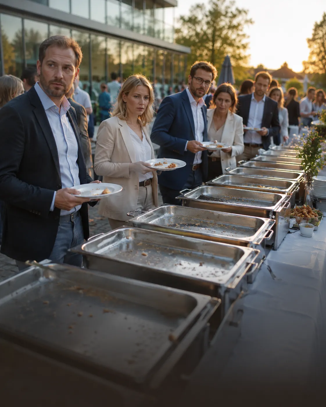 Leeres Buffet auf einer Firmenfeier, wartende Mitarbeiter